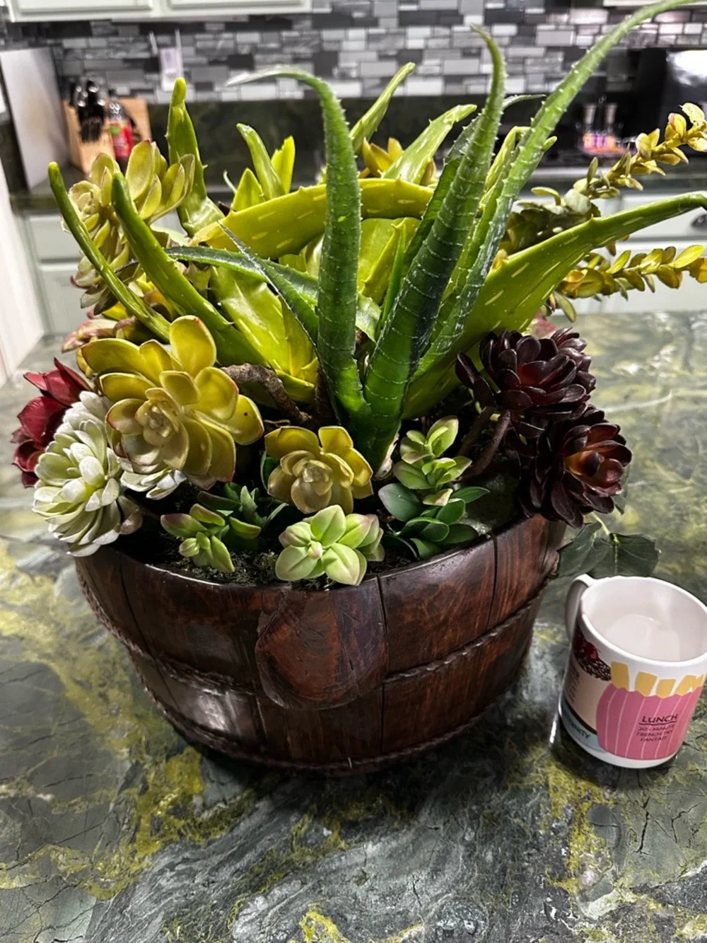 Succulent Barrel Arrangement -Green & Red Large rustic wood barrel planter 15x16